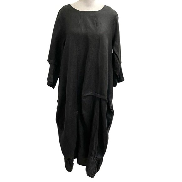 Catharina 100% Linen Minimalist Lagenlook Modern Goth Midi Dress Black size XL - Picture 1 of 14